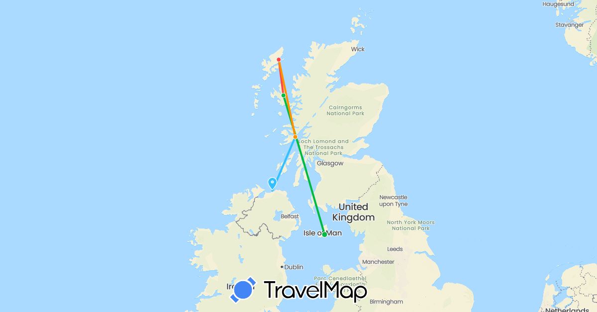 TravelMap itinerary: driving, bus, hiking, boat, hitchhiking in United Kingdom, Isle of Man (Europe)