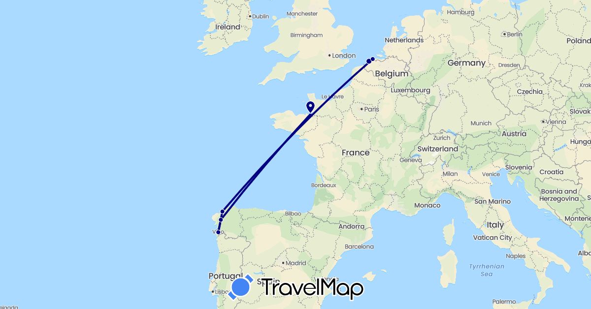 TravelMap itinerary: driving in Belgium, Spain, France (Europe)