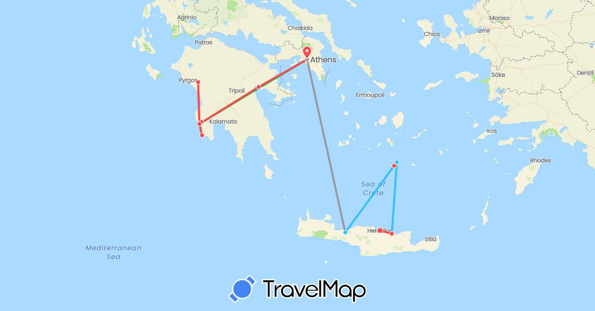 TravelMap itinerary: driving, bus, plane, hiking, boat in Greece (Europe)