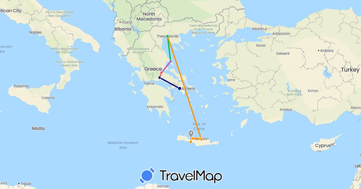 TravelMap itinerary: driving, bus, plane, train, hiking, hitchhiking in Greece (Europe)