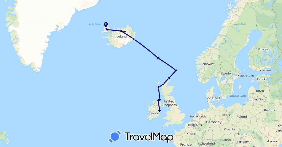 TravelMap itinerary: driving in Faroe Islands, United Kingdom, Ireland, Iceland (Europe)
