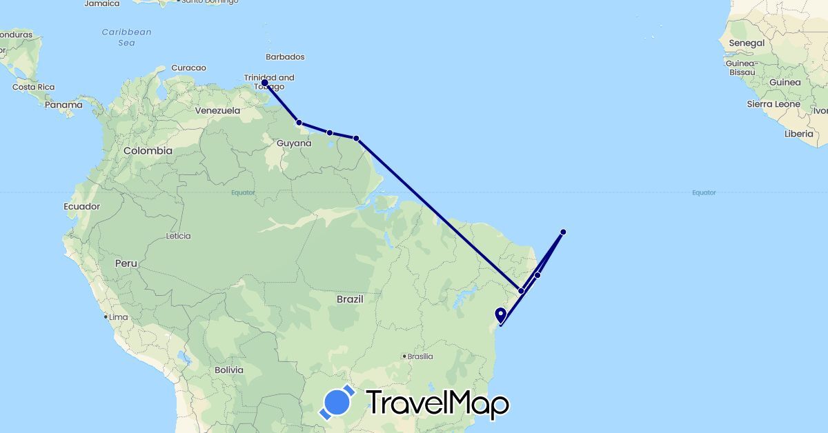 TravelMap itinerary: driving in Brazil, France, Guyana, Suriname, Trinidad and Tobago (Europe, North America, South America)